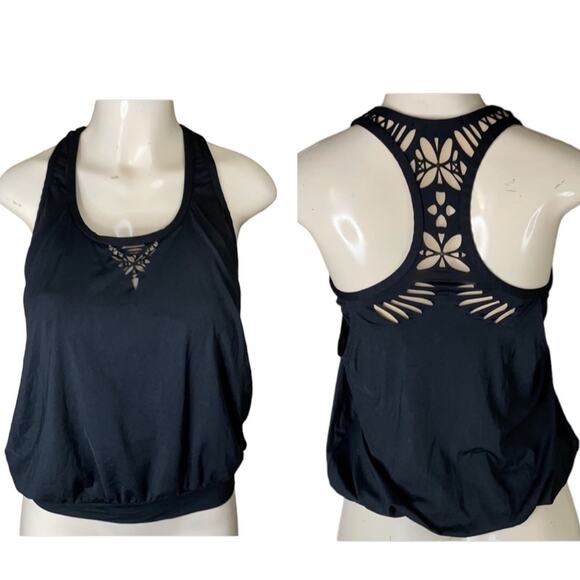 Gianni Bini Black Blouson Tankini Swimsuit Top Laser Cut Back Size Small - Picture 1 of 13